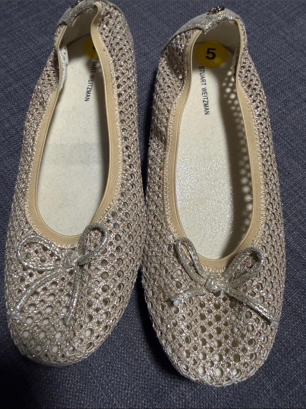 NWOT Stuart Weitzman Glittered Champagne Bow Flats - Picture 2 of 7